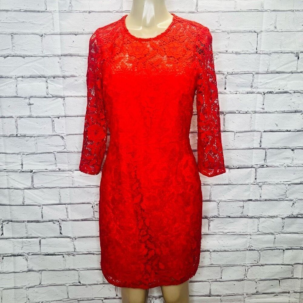J. Crew Red/Orange 3/4 Sleeve Poppy Coral Floral Lace Sheath Dress Size 6